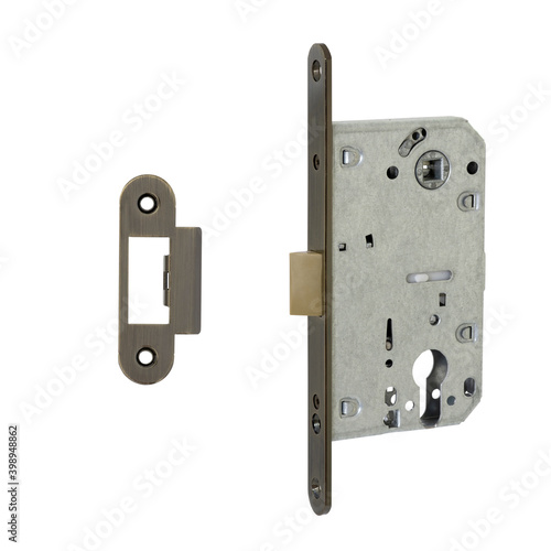 Classic interior brown latch with rubber tongue to isolate noise and strike plate on white background