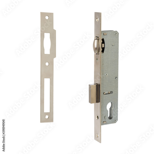 Narrow-profile satin-colored mortise lock with a rectangular bolt with a latching mechanism and a strike plate on a white background