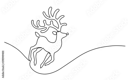 One line design silhouette of deer.hand drawn minimalism style.vector illustration. Continuous one line bouncing deer silhouette. Line drawn by hand sketch. Christmas animal concept. Vector sketch