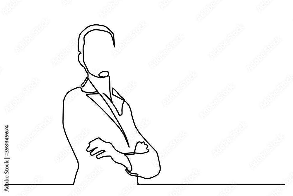One single line drawing of young female bisiness woman with crossed arms. business woman concept continuous line draw design illustration. Business woman wearing a suit one line design