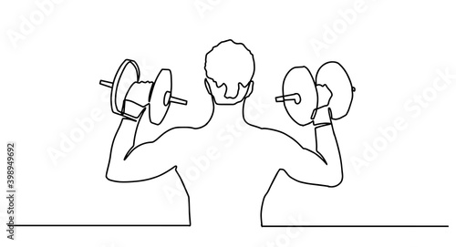 One Line Drawing or Continuous Line Art of a Strong Athletic Guy Lifting Weights and Bodybuilder Training. Vector Illustration. Man doing squats with barbell continuous one line drawing vector