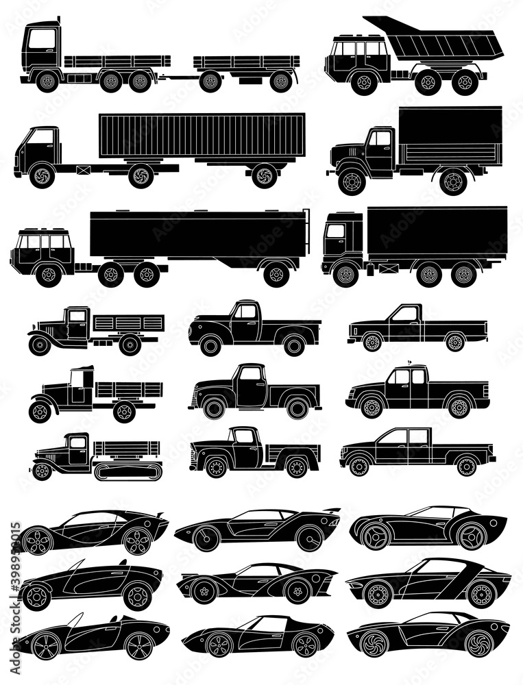 Set of drawn cars side view. Black silhouette with detailed details. Set of drawn cars side view. Black silhouette with detailed details.