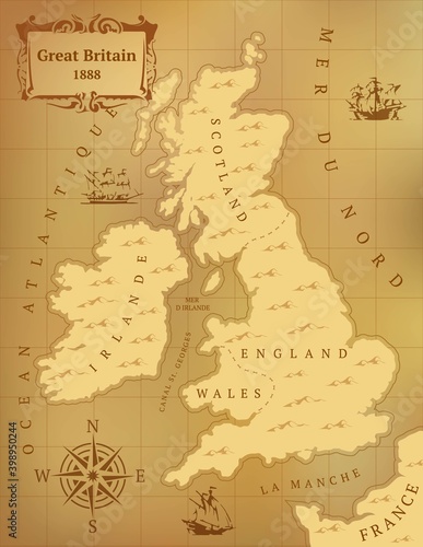 Old map of Great Britain. Vintage style. Sepia.