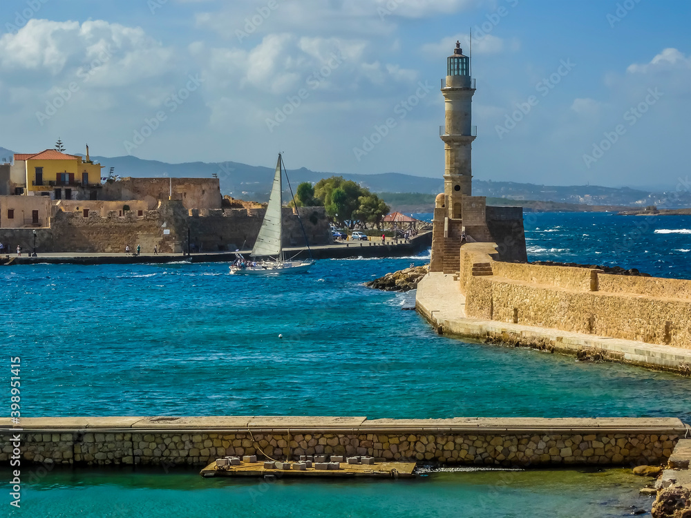 Leaving Chania harbour, Crete into the choppy waters of the Mediterranean on a bright sunny day