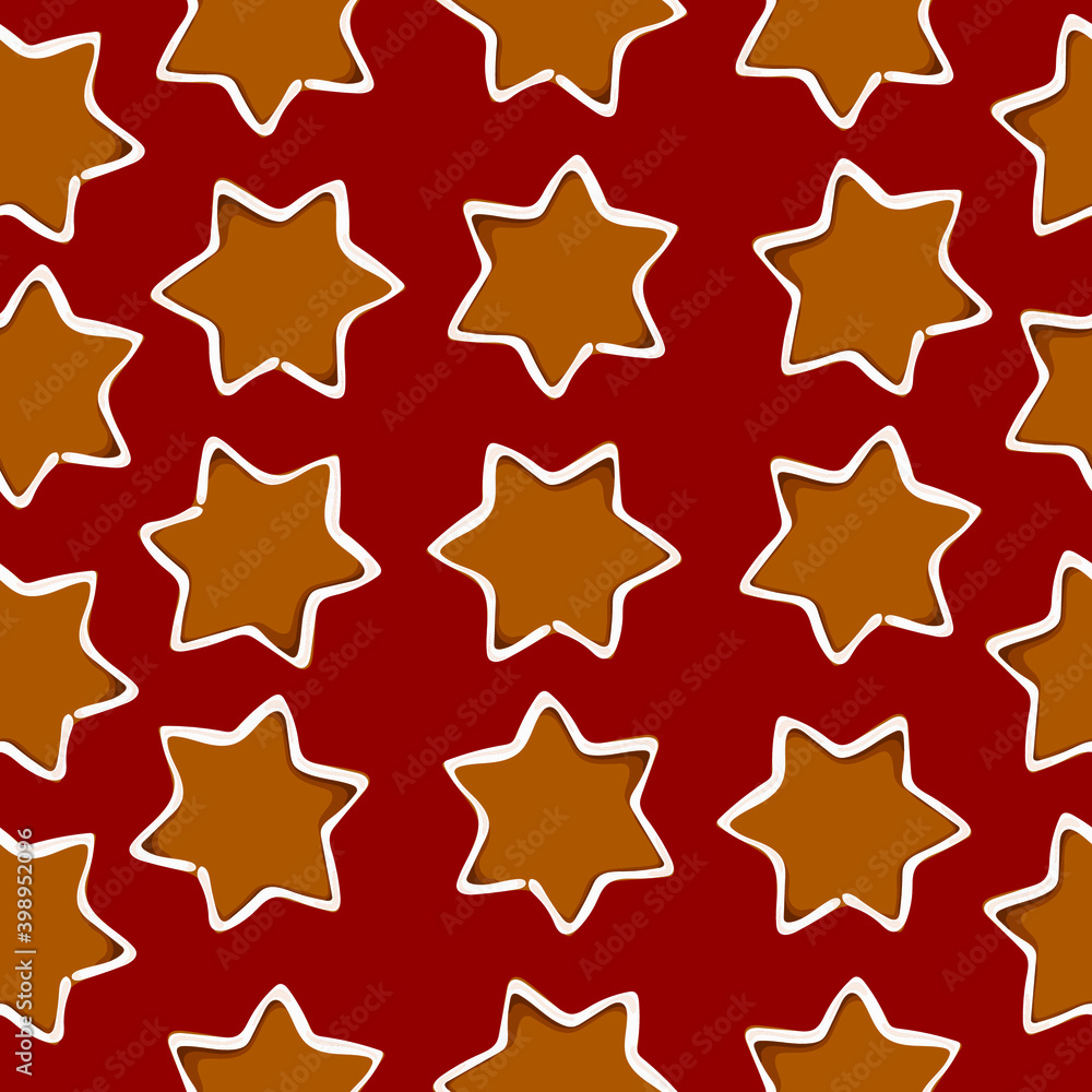 Brown Christmas cakes with white icing in the shape of stars. Seamless pattern on a maroon background. Drawing for background, packaging, and fabric. Brown Christmas cakes with white icing in the shape of stars. Seamless pattern on a maroon background. Drawing for background, packaging, and fabric.