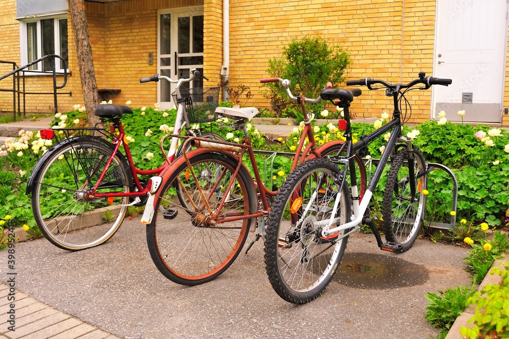 Bikes in front of a apartment house in Stockholm.