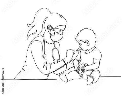 Continuous line drawing of a pediatric doctor vaccinating a little boy. Vector illustration. Minimalistic style.