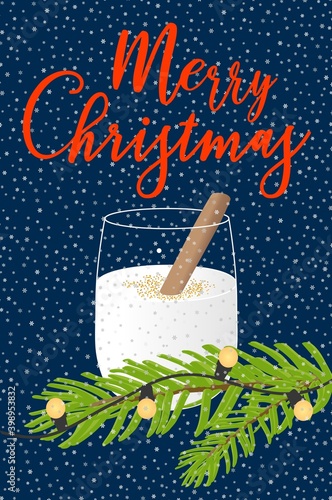 Hand drawn vector Christmas card of alcohol Eggnog or egg milk punch with a cinnamon stick