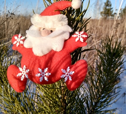 
toy santa in red clothes with snowflakes on a pine branch in winter