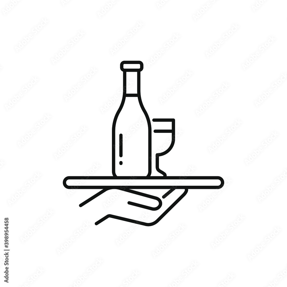 Hand carrying a tray with wine and wineglass. Serving drink icon design isolated on white background. Vector illustration Hand carrying a tray with wine and wineglass. Serving drink icon design isolated on white background. Vector illustration