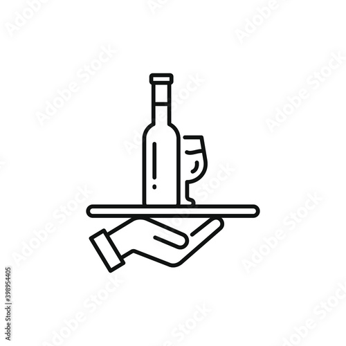 Hand carrying a tray with wine and wineglass. Serving drink icon design isolated on white background. Vector illustration