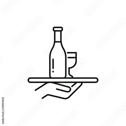 Hand carrying a tray with wine and wineglass. Serving drink icon design isolated on white background. Vector illustration