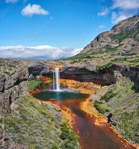 Where the River Falls.Waterfall on Agrio river, Patagonia, Neuqen. Land of dinosaurs an volcanos. Provincial Park of Copahue.