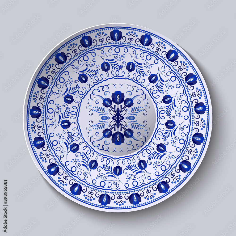 Porcelain plate with blue round ornament in ethnic style. Decorative pattern in the style of national flower painting. Ornate floral decor. Realistic 3D decor. Porcelain plate with blue round ornament in ethnic style. Decorative pattern in the style of national flower painting. Ornate floral decor. Realistic 3D decor.