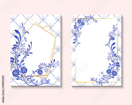 Wedding invite card design with blue color flowers, leaves and flourishes and golden geometric rhombus frame. Delicate beauty invitation layout in national painting on porcelain style.