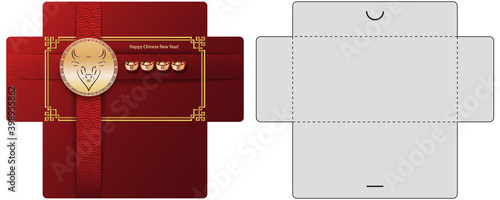 Envelope with Red background and gold ox head. Chinese Money Packet template. 2021 Year of metal bull. Translation - good luck in new year Design for print. Cut and fold lines.