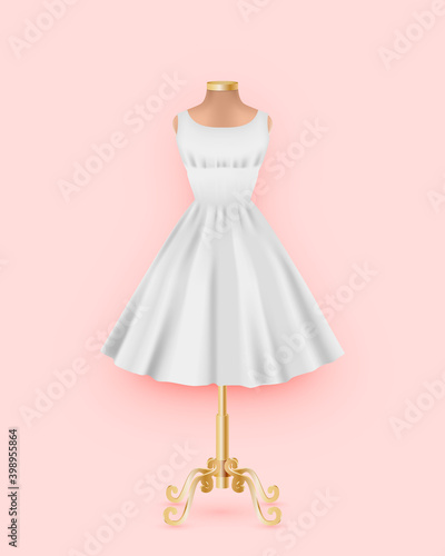 Mock up of White dress on a mannequin. Realistic 3D female clothing without sleeves with a full skirt with pleats, isolated on a pink background.