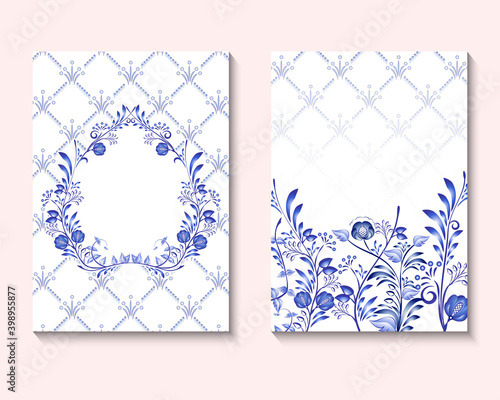 Set of card with blue flower rose, leaves. ornament concept in national painting on porcelain style. Floral poster, invite. Decorative greeting card, invitation design background.