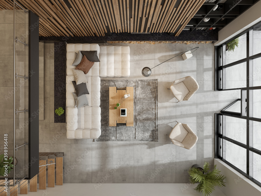 Top view minimalist Interior of modern living room 3D rendering Stock