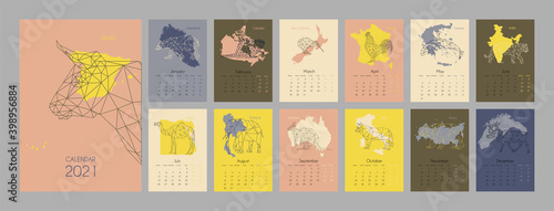 2021 calendar design. Colorful creative pages in low polygonal style with animals and silhouettes of countries. Set of 12 months. The week starts on Monday. Monthly wall calendar 2021. Vector illustra
