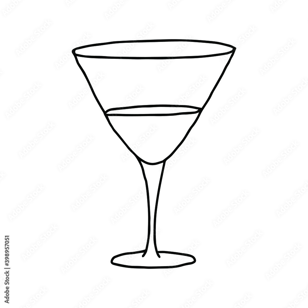The isolated object on a white background. Doodle hand-drawn dry martini glass. Black and white vector illustrations for web, booklets, textiles.