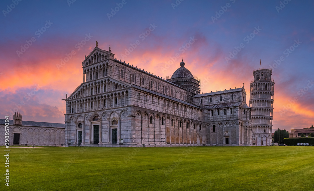 Landscape with Cathedral and the Leaning Tower of Pisa at sunset, Tuscany, Italy