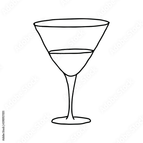 The isolated object on a white background. Doodle hand-drawn dry martini glass. Black and white vector illustrations for web, booklets, textiles.