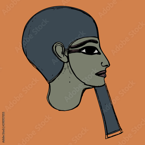 
Portrait of ancient Egyptian man. Head of God Ptah. Pharaoh with fake beard in profile. Hand drawn colorful rough sketch.