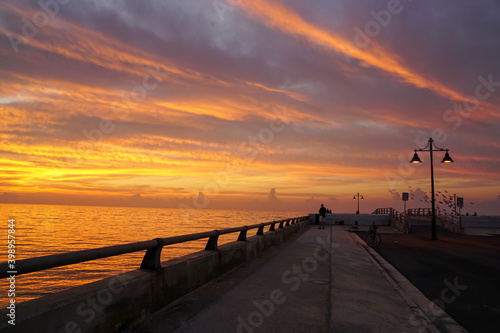 Fototapeta Naklejka Na Ścianę i Meble -  Key west pier at sunrise with street lamps and birds