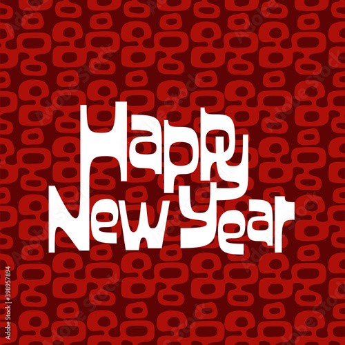 Mid-century modern, retro and fun Happy New Year typography over repeating red tiki pattern. Ideal for social card.