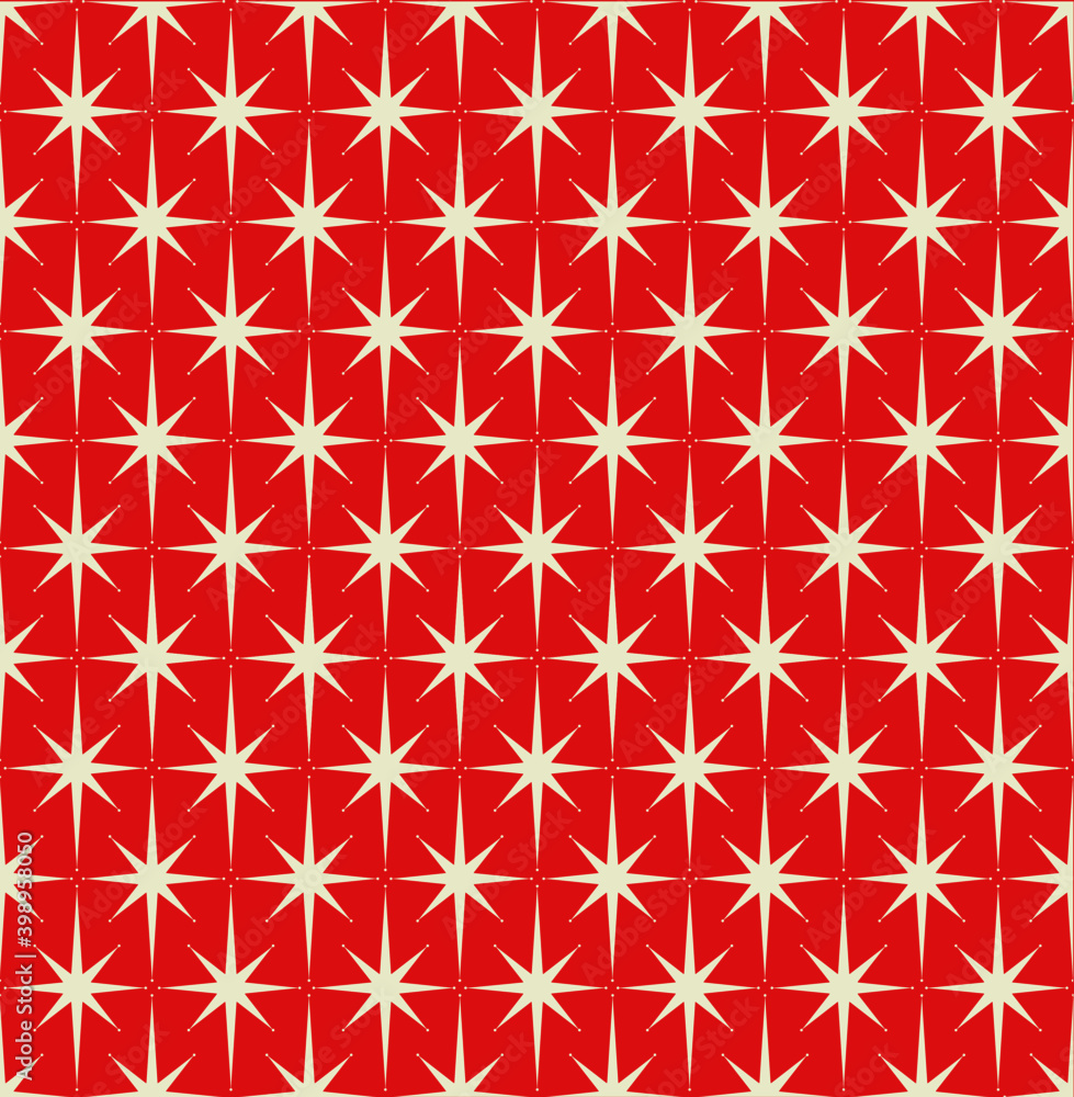 Mid-century modern wrapping paper with starburst pattern with cream stars on red background Mid-century modern wrapping paper with starburst pattern with cream stars on red background