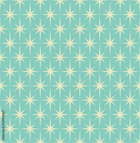 Mid-century modern wrapping paper with starburst pattern with off-white stars on light blue background