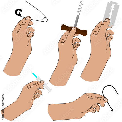 The hand holds sharp objects of various types. Set of vector illustrations hand holding syringe, corkscrew, safety pin, fish hook, razor blade on white background isolated