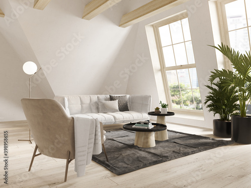 Foto White color attic interior room 3d illustration