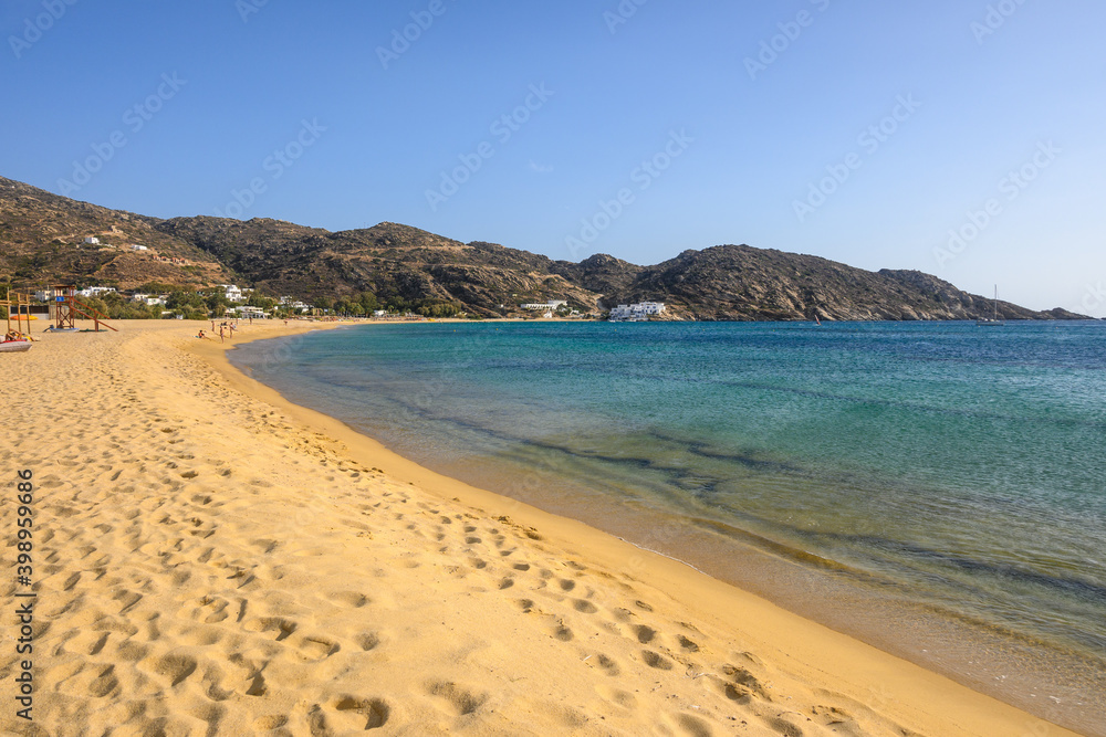 Mylopotas beach on Ios Island. A wonderful beach with the golden sand and azure waters. Cyclades, Greece