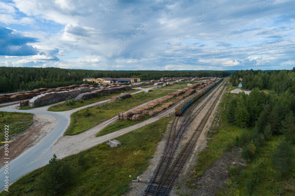 Hyrynsalmi railway yard with log wood waiting for railway transport to saw mills, Finland