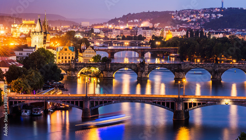 PRAGUE, CZECHIA. Prague cityscape and Vltava River at sunset.