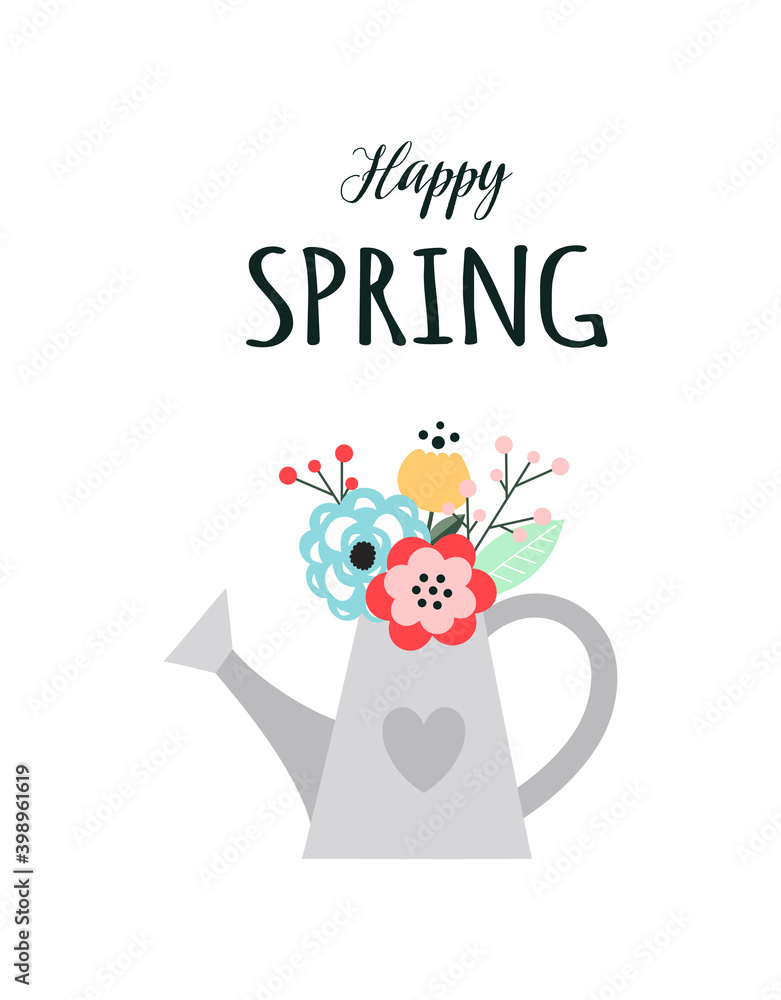 Fototapeta premium spring card with watering can and flowers