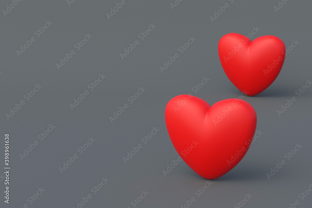 Red hearts on gray background. St. Valentine's Day. 3d rendering