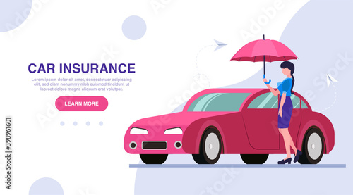 Vector of a woman with an umbrella standing near her car.