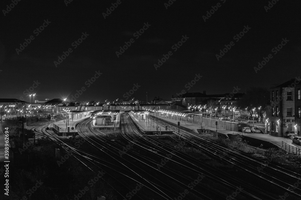Derby United Kingdom, December 12, 2020:A night time shot of Derby Train Station, Derbyshire United Kingdom