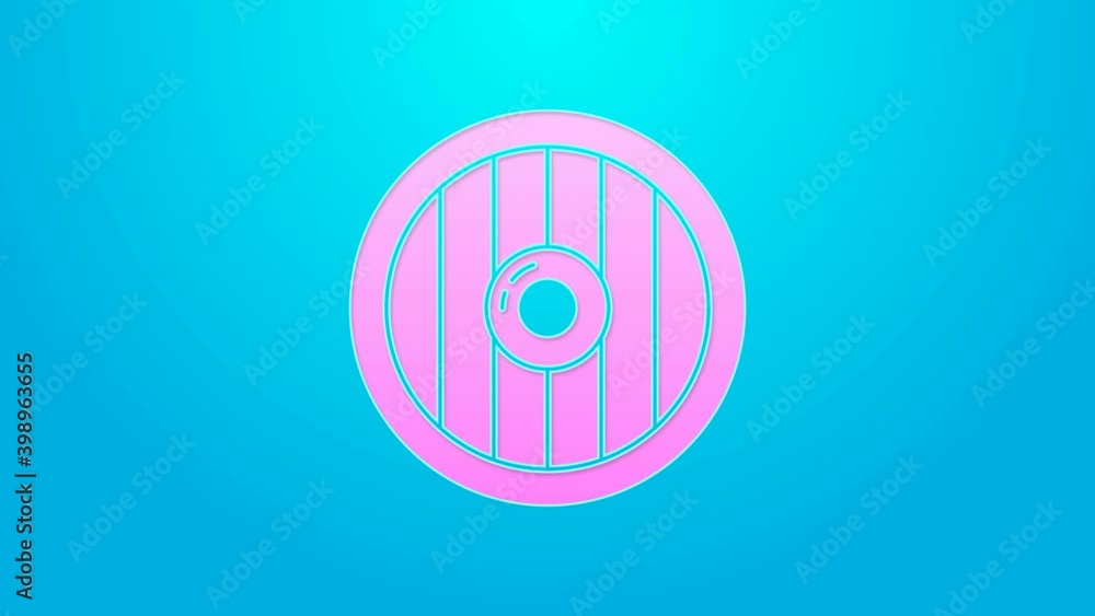 Pink line Round wooden shield icon isolated on blue background. Security, safety, protection, privacy, guard concept. 4K Video motion graphic animation Pink line Round wooden shield icon isolated on blue background. Security, safety, protection, privacy, guard concept. 4K Video motion graphic animation