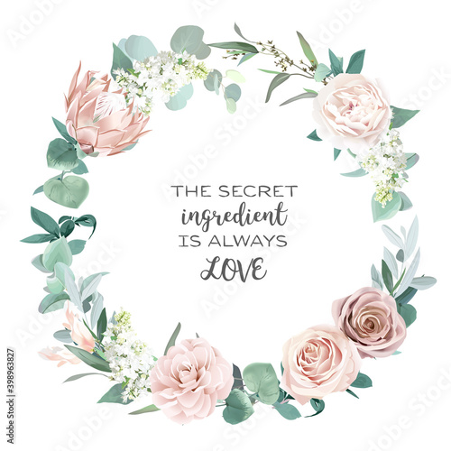 Silver sage and blush pink flowers vector round frame