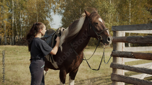 Experienced stable girl saddles a horse in the fresh air, puts on the back of the sweats, valtrap and saddle.