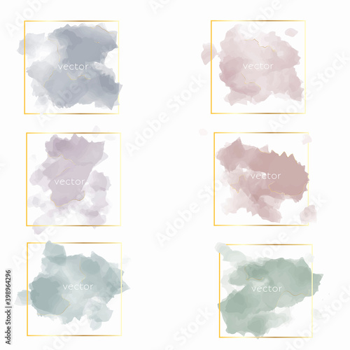 Vector watercolour  backgrounds set on white background. Watercolor  paint and gold square frame.	