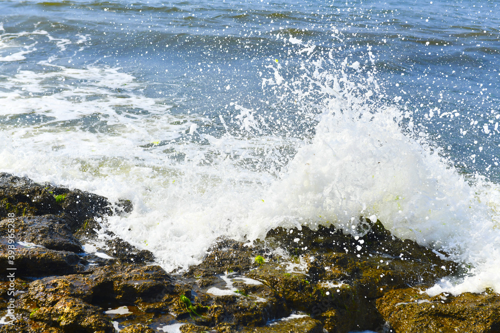 Western Atlantic Caribbean. A huge wave hits the rocky shore, forming a powerful splash of white foam and spray. Western Atlantic Caribbean. A huge wave hits the rocky shore, forming a powerful splash of white foam and spray.