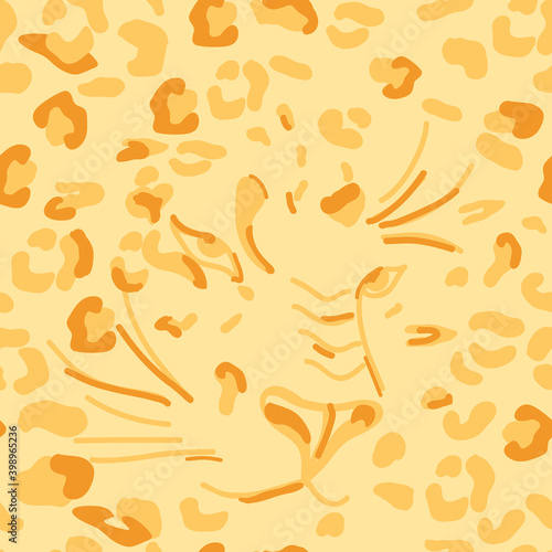 Seamless pattern with leopard face. Yellow orange leopard print. Vector illustration of a wild animal. Background with spots, imitation of animal skin. Textile design, digital paper, safari texture