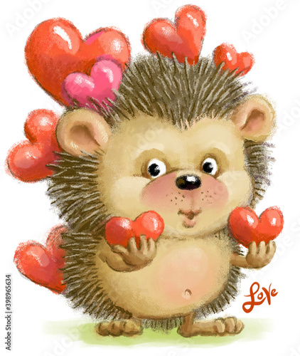 Bright color illustration. Cute smiling hedgehog with hearts on needles. With the inscription 