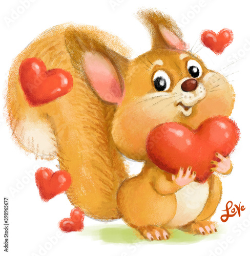 Bright color illustration. Cute fluffy red squirrel with hearts. With the inscription 
