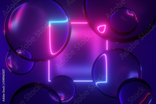 3d render, abstract modern neon background with glass balls and laser square in the middle. Glowing rectangular geometric frame and translucent bubbles